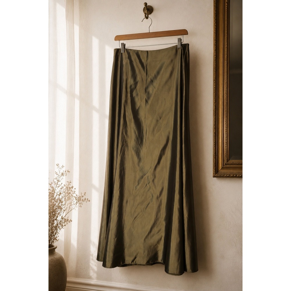 Vintage Olive Satin Maxi Skirt Quiet Luxury Old Money Minimalist 90s Mob Wife
